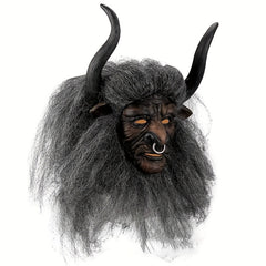 Goat Horned Long Hair Bull Demon Latex Mask Halloween Role Play