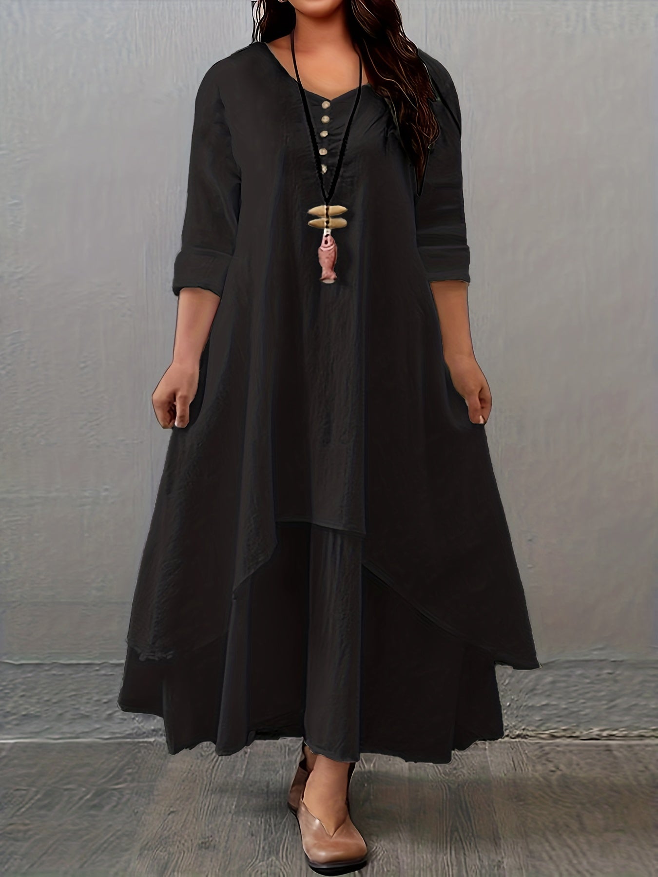 Button Decor Ruched V Neck Maxi Dress