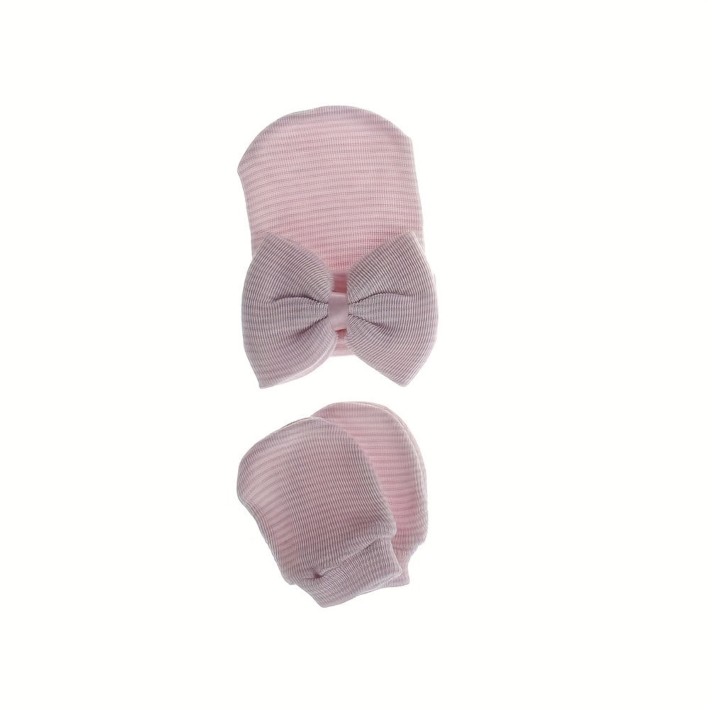 Big Bow Soft Gloves & Hat Set With Baby Pullover Hat