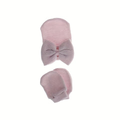 Big Bow Soft Gloves & Hat Set With Baby Pullover Hat