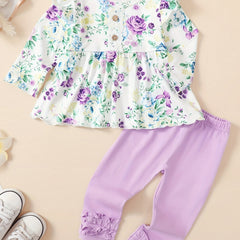 2pcs Baby Girl Flower Print Dress Top & Trousers Set