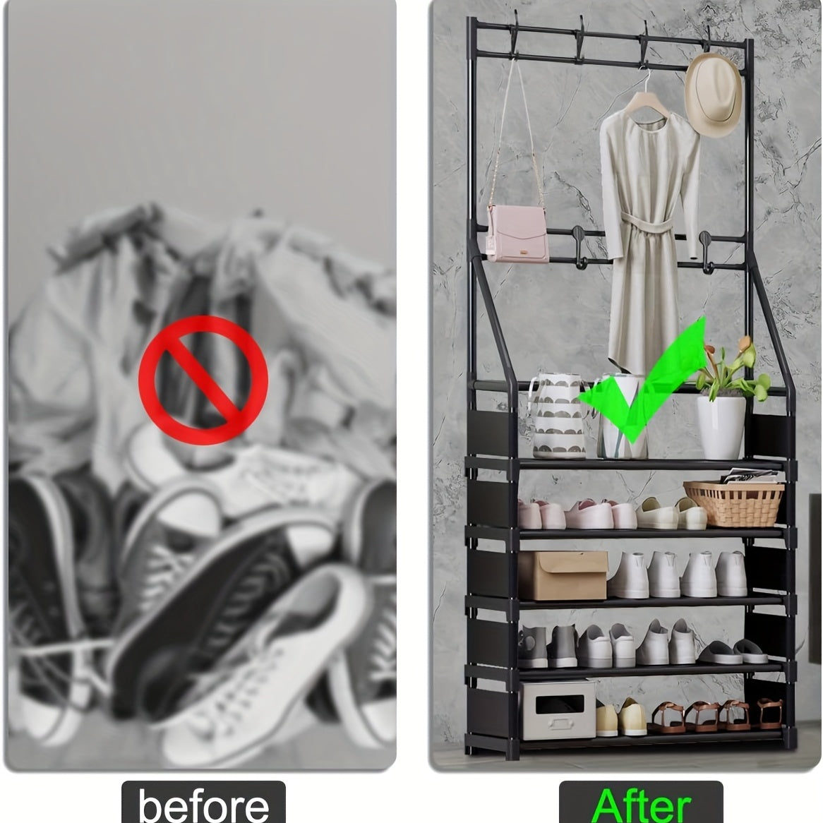 Entryway Coat Rack with Shoe Storage Shelves