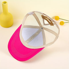 Star Print Ponytail Baseball Cap Pink Block Mesh Trucker Dad Hats