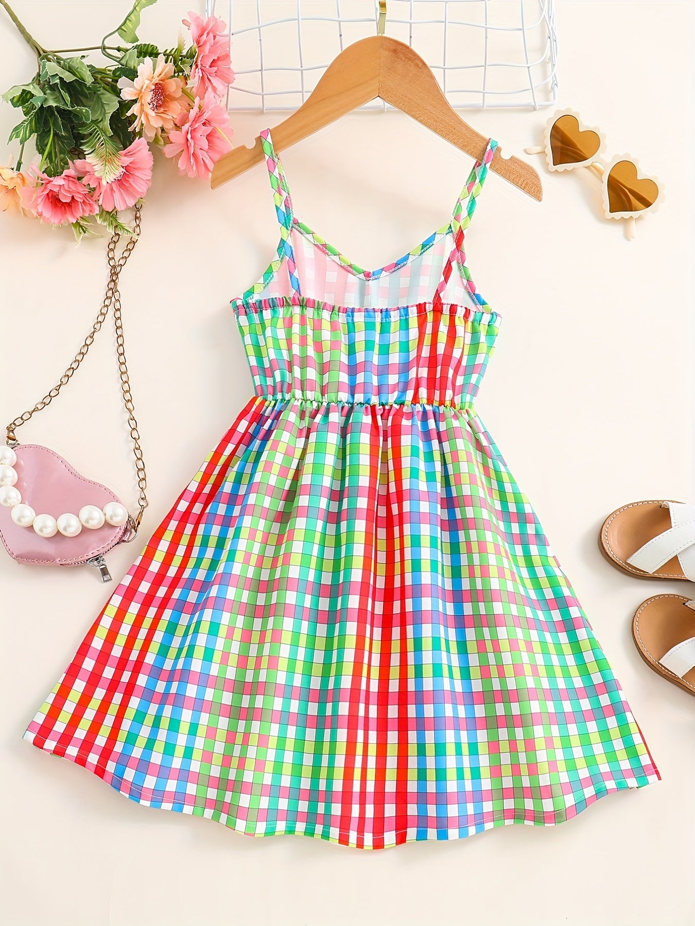 Girls Colorful Plaid V neck Cami Dress For Party Holiday