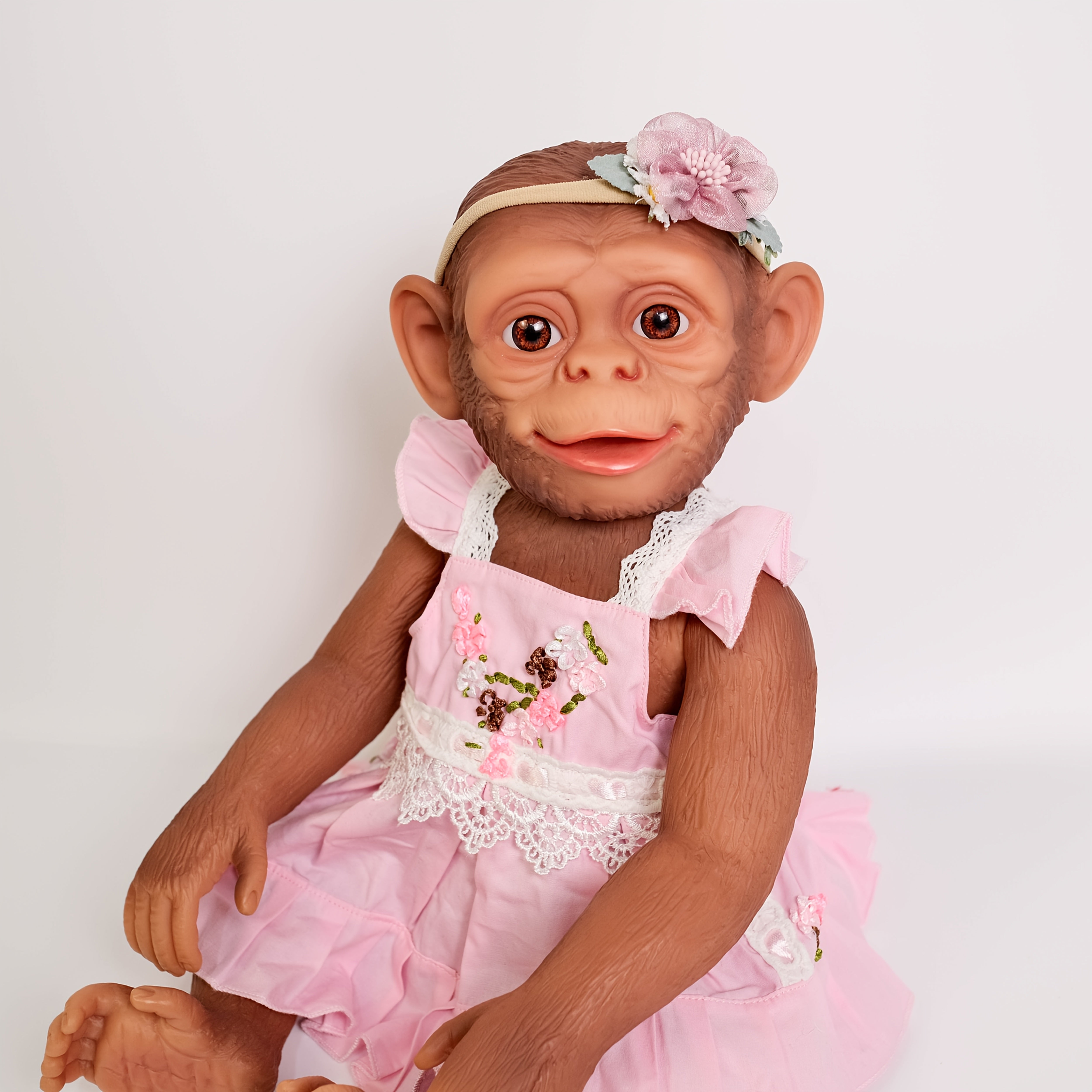 Vinyl Reborn Doll Hand Painted Hair Floral Dress & Green Foliage