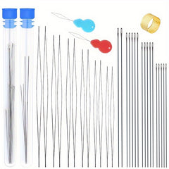 34pcs Set Bead Needles Curved/ Straight Needle Threader Ring for DIY Beading