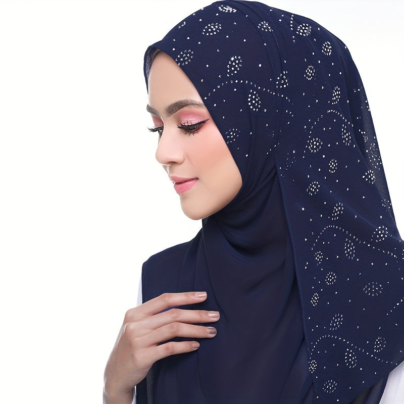 Chiffon Scarf Rhinestone Leaf Decor Hijab Classic Shawl
