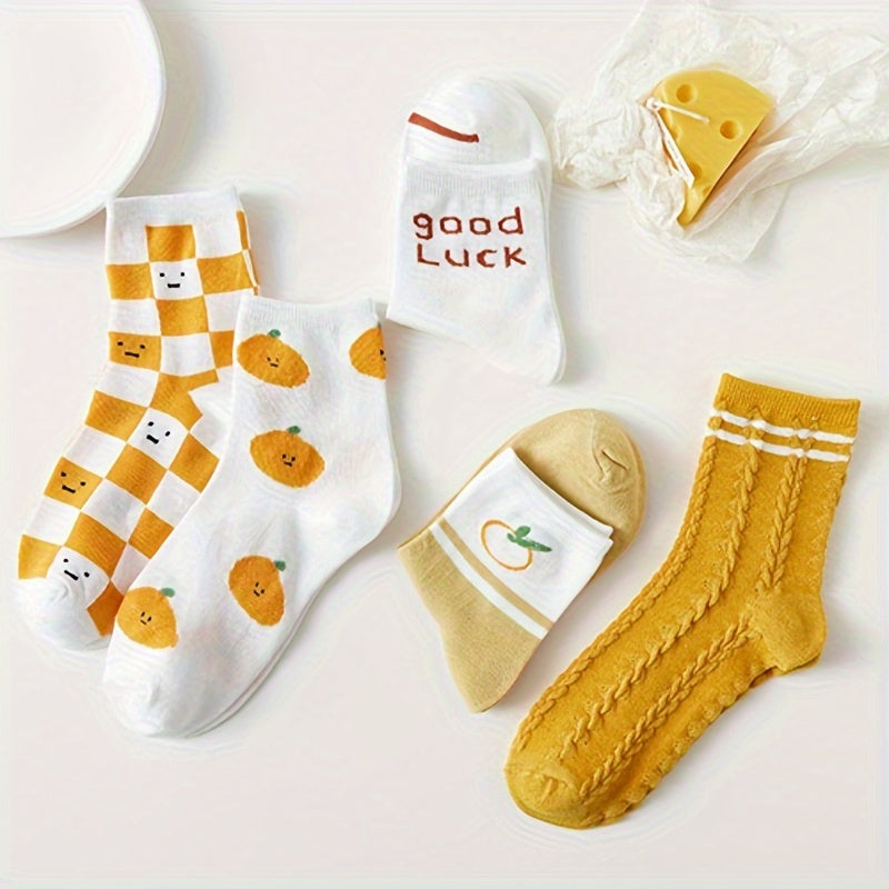 5 Pairs Fruit & Letter Print Socks Women's Stockings
