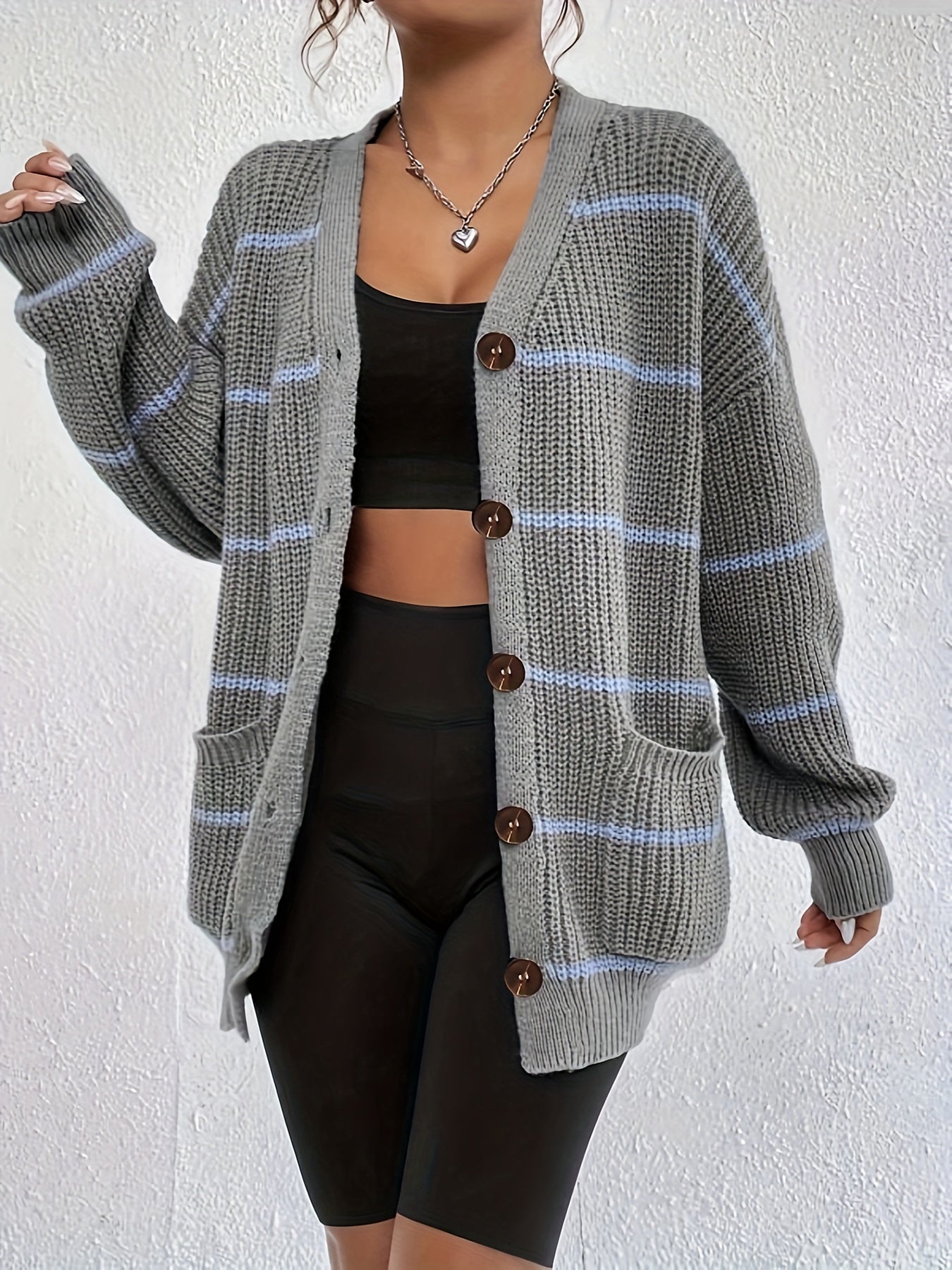 Stripe Print Button Up Long Sleeve Open Front Cardigan