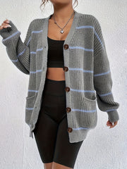 Stripe Print Button Up Long Sleeve Open Front Cardigan