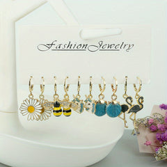 5pairs Girls Cartoon Earrings Bee Flower Unicorn Flamingo Shell Pendant Earrings