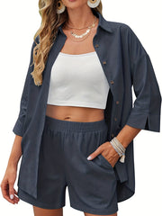 Casual Solid Two piece Shorts Set Button Front Shirt & Elastic Shorts