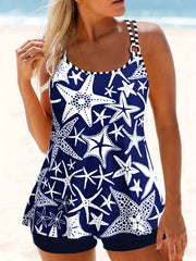 Starfish Print Tankini Set Crew Neck