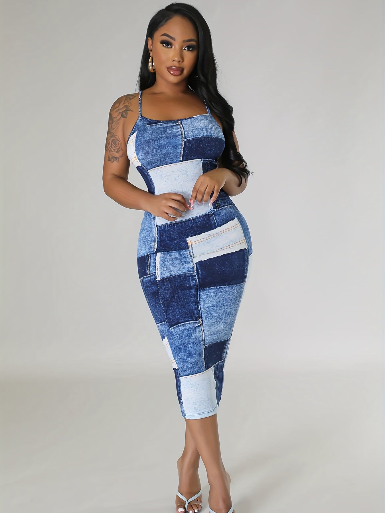Denim Print Criss Cross Backless Cami Dress