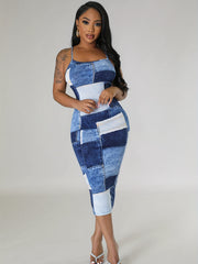 Denim Print Criss Cross Backless Cami Dress