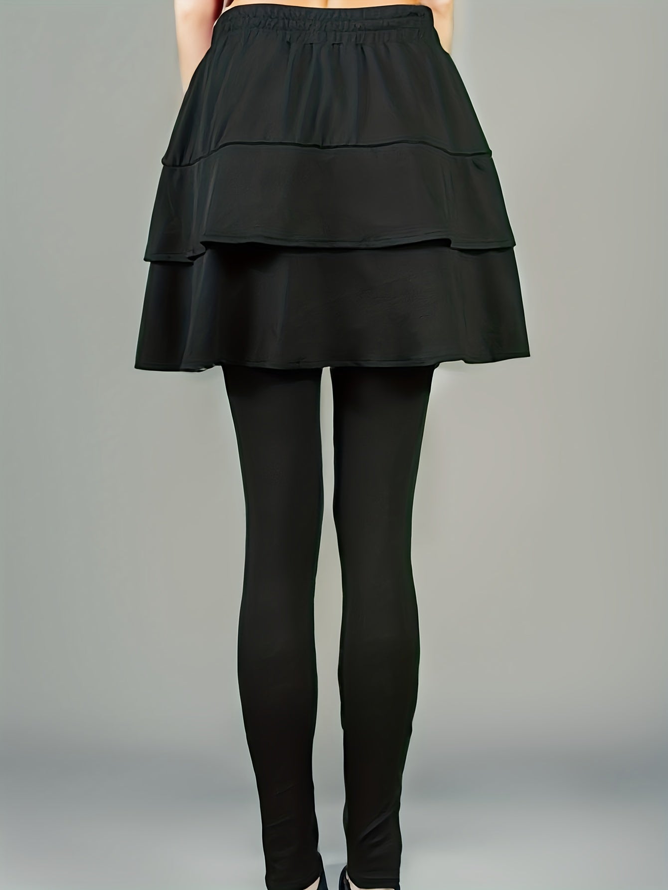 Casual Solid Leggings with Ruffle Skirt Sporty Skinny Leggings