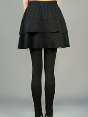 Casual Solid Leggings with Ruffle Skirt Sporty Skinny Leggings