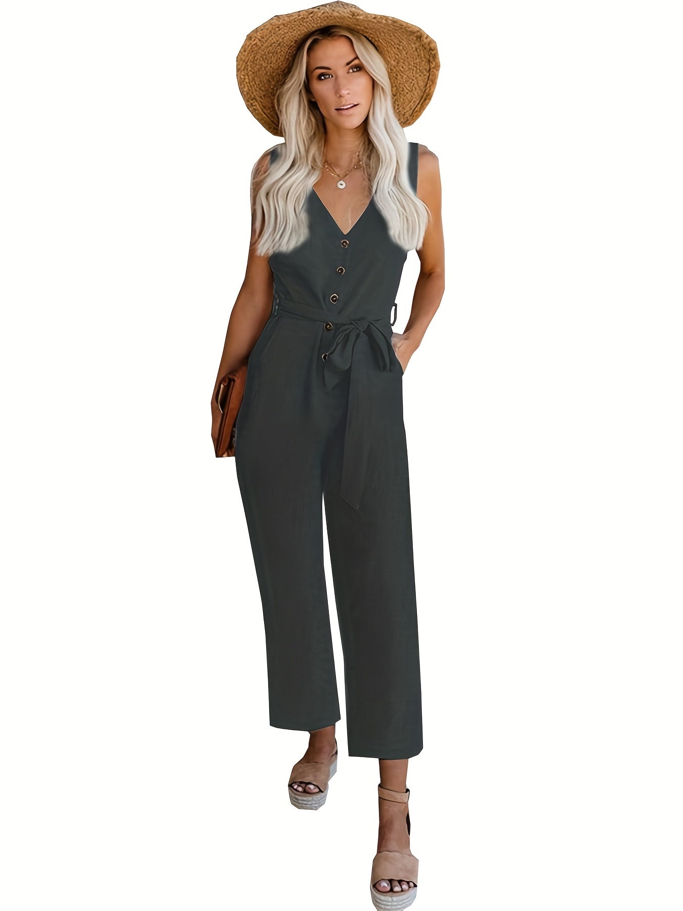 Sleeveless V Neck Jumpsuit Casual Slim Waist for Women
