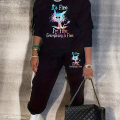 Cat Print Sweatshirt & Jogger Set