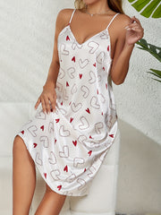 Heart Print Nightdress V Neck Backless Spaghetti Strap Sleep Dress