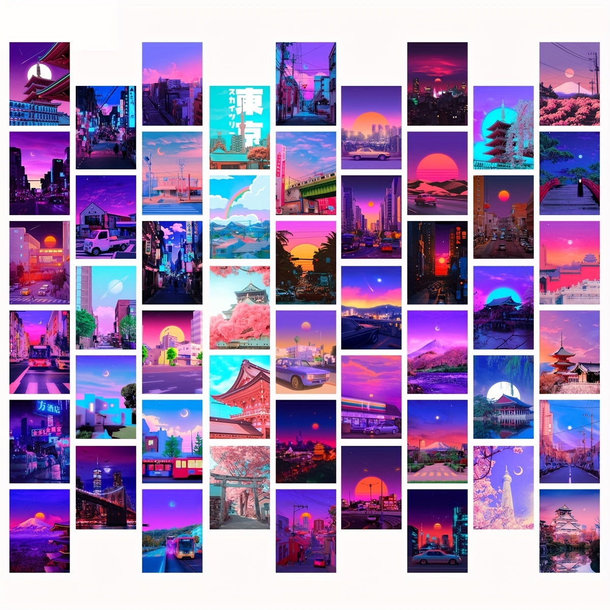 50pcs Neon City Night Postcard Wall Collage Kit for Japan Scenery Photo Decor