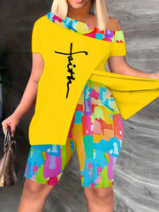 Graphic Print Matching Two piece Set Casual Short Sleeve Off Shoulder T shirt