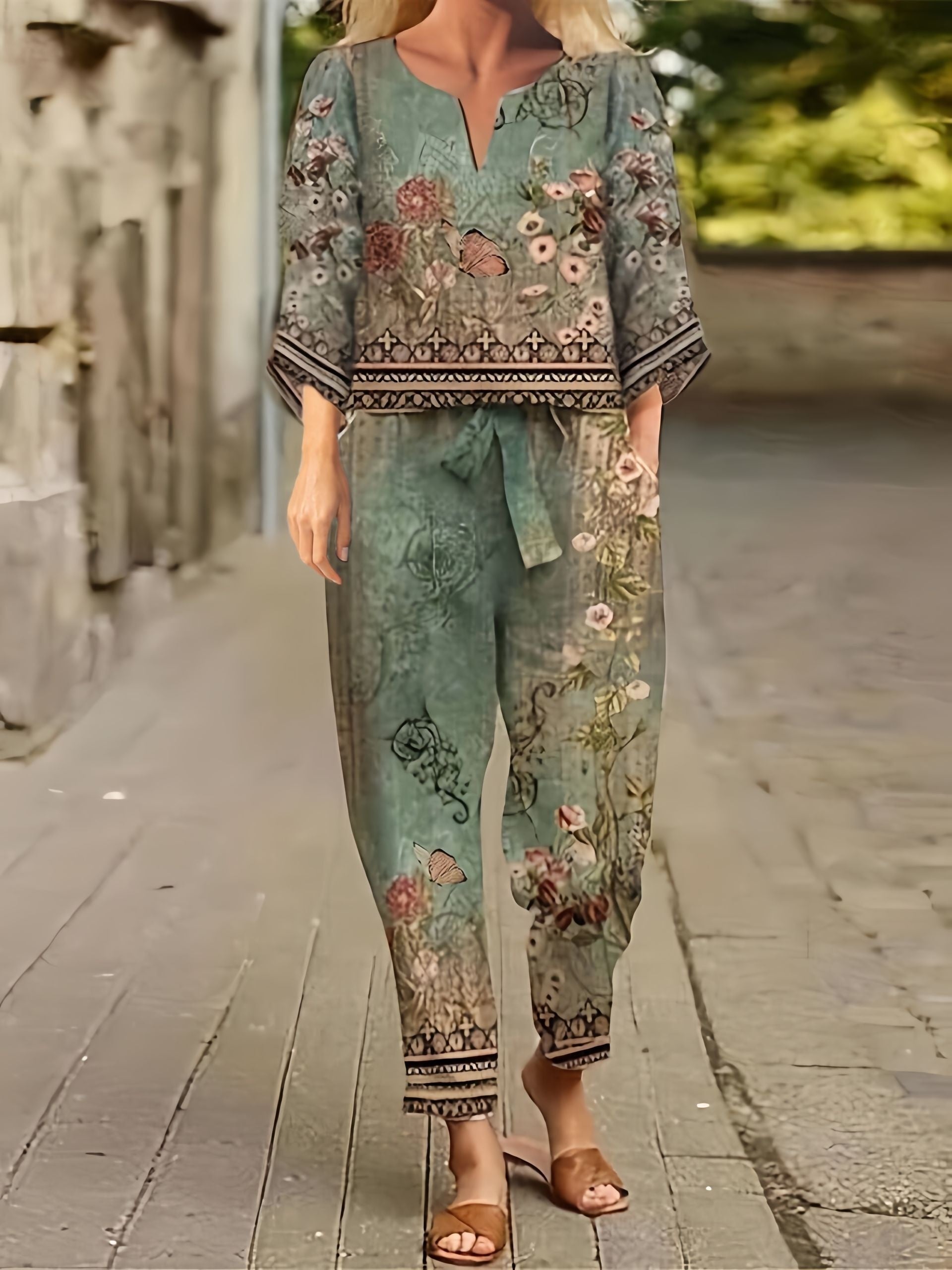 Floral Print Two Piece Set Long Sleeve Top & Pants