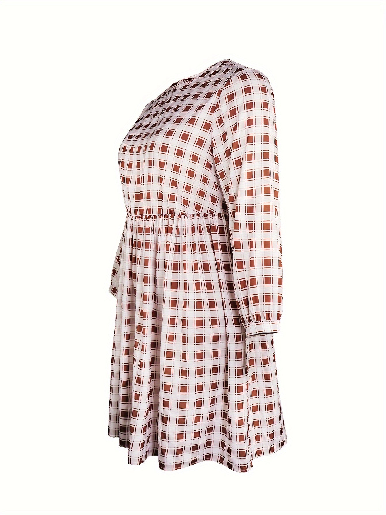Plus Gingham Print Long Sleeve Round Neck Mini Dress