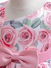 Girls Sleeveless Rose Flower Graphic Bow Princess Dress