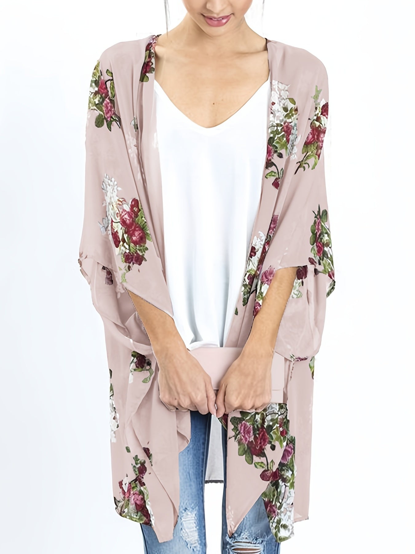 Floral Print Chiffon Blouse Long Sleeve Rash Guard V Neck