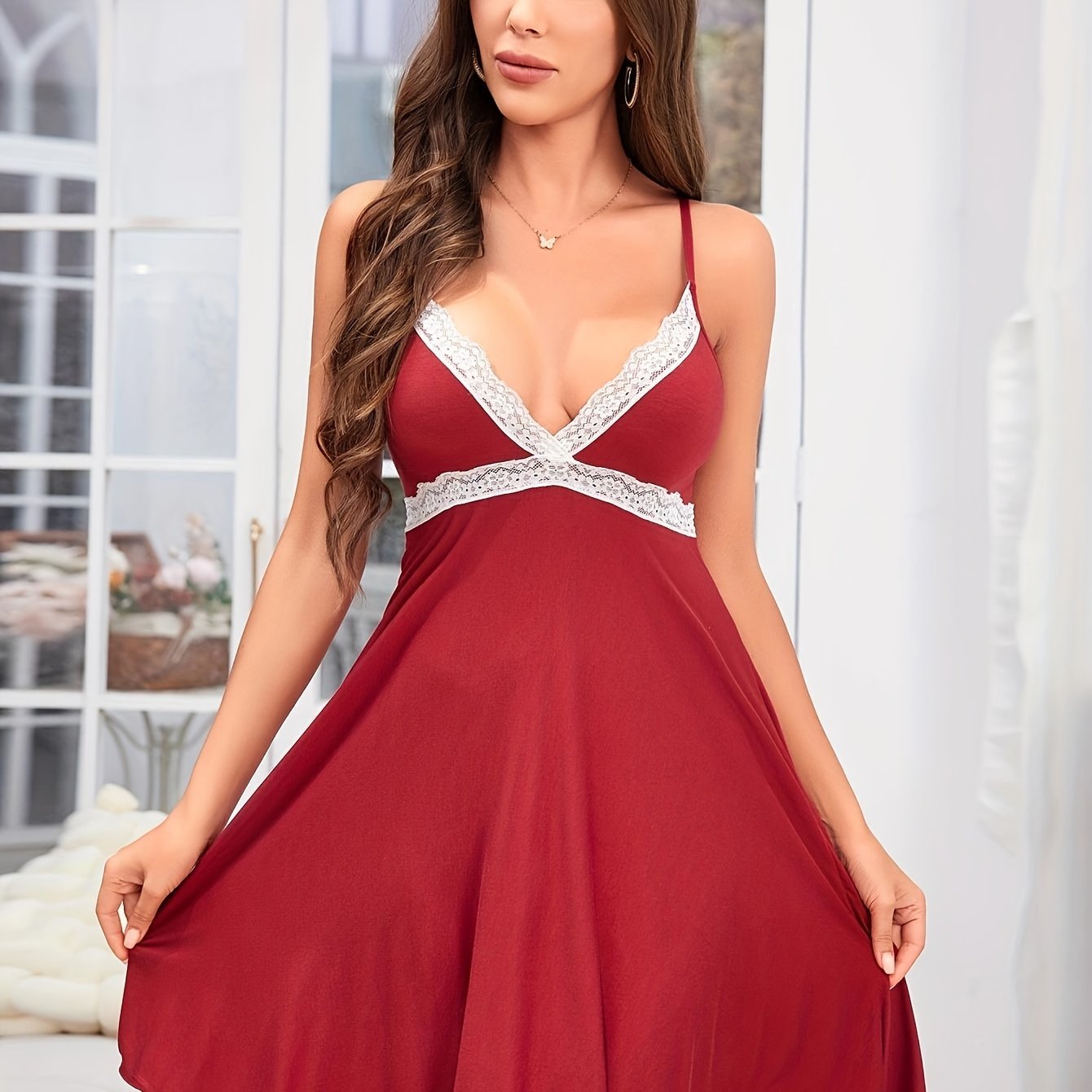 Contrast Lace Slip Lounge Dress V Neck Spaghetti Strap