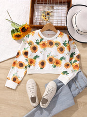 Big Girl's Sunflower Graphic Crew Neck Sweatshirt Top