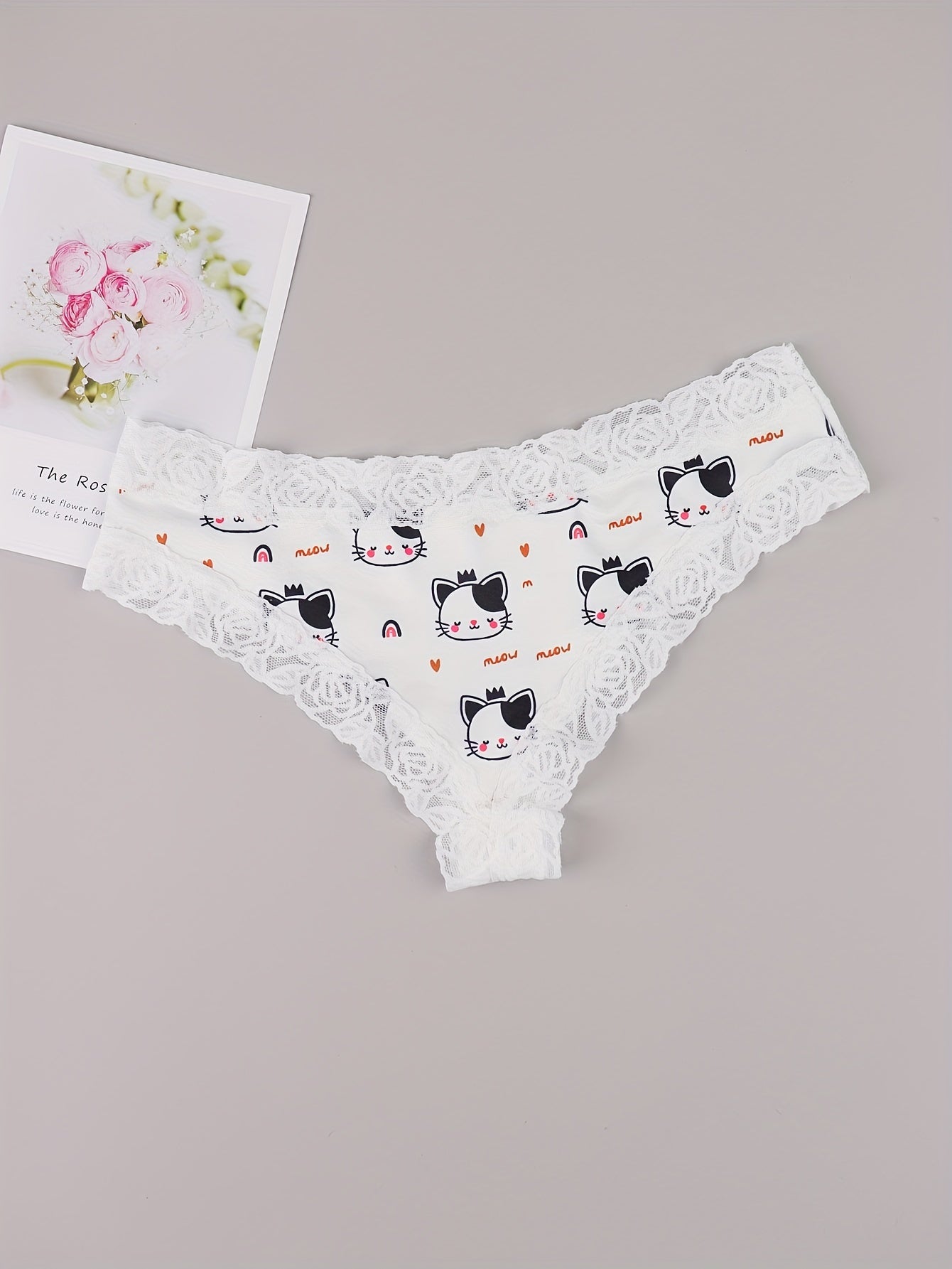 3 Pack Plus Size Cheeky Panties - Floral & Heart & Cat Print Lace Trim