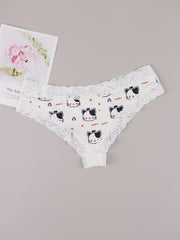 3 Pack Plus Size Cheeky Panties - Floral & Heart & Cat Print Lace Trim