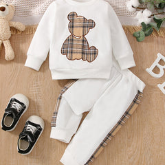 Baby Boys Patchwork Plaid Bear Print Sweatshirt & Sweatpants Set