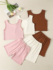 3 Sets Girls Ribbed Knit Tank Top & Shorts Summer Clothes