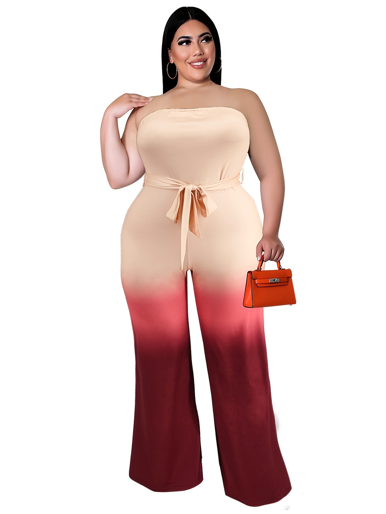 Ombre Print Strapless Flared Leg Jumpsuit With Belt Plus Size