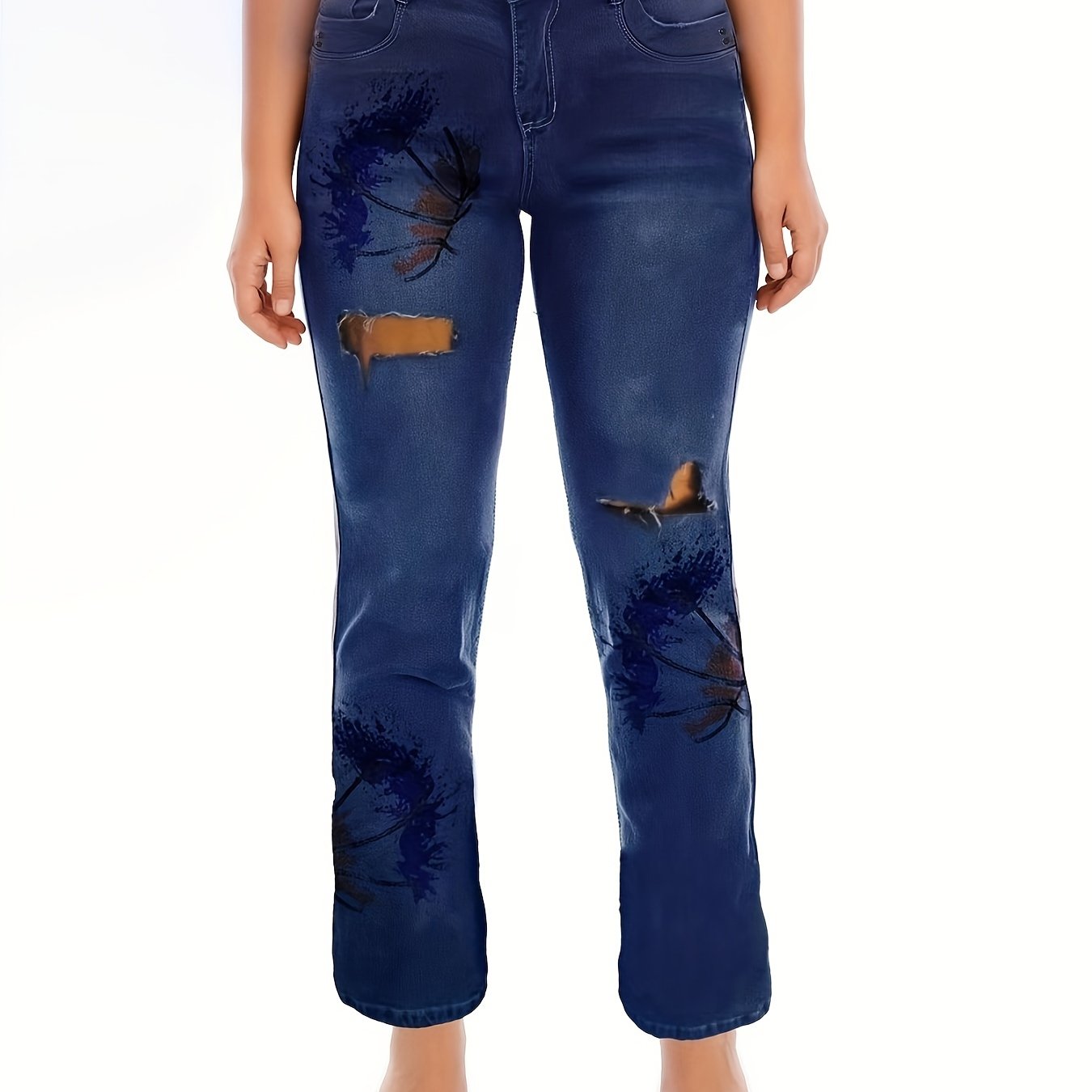 Women's Plus Floral Print Cut Out Button Fly High Stretch Jeans