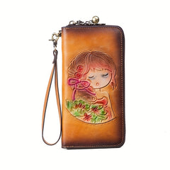Handcrafted Leather Women's Wallet Floral & Illustration Zipper