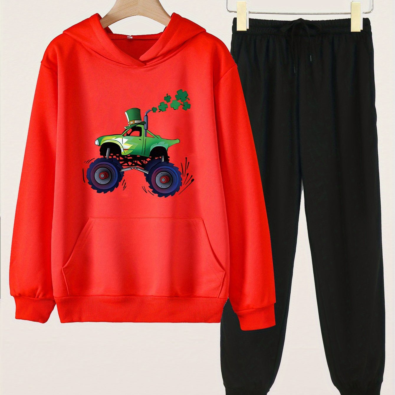 Clover Car Graphic 2pcs Sets Girls Hoodies Jogger Pants Set