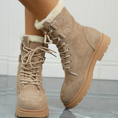 Women's Plush Lined Snow Boots Thermal Lace Up Mid Calf Combat Boots