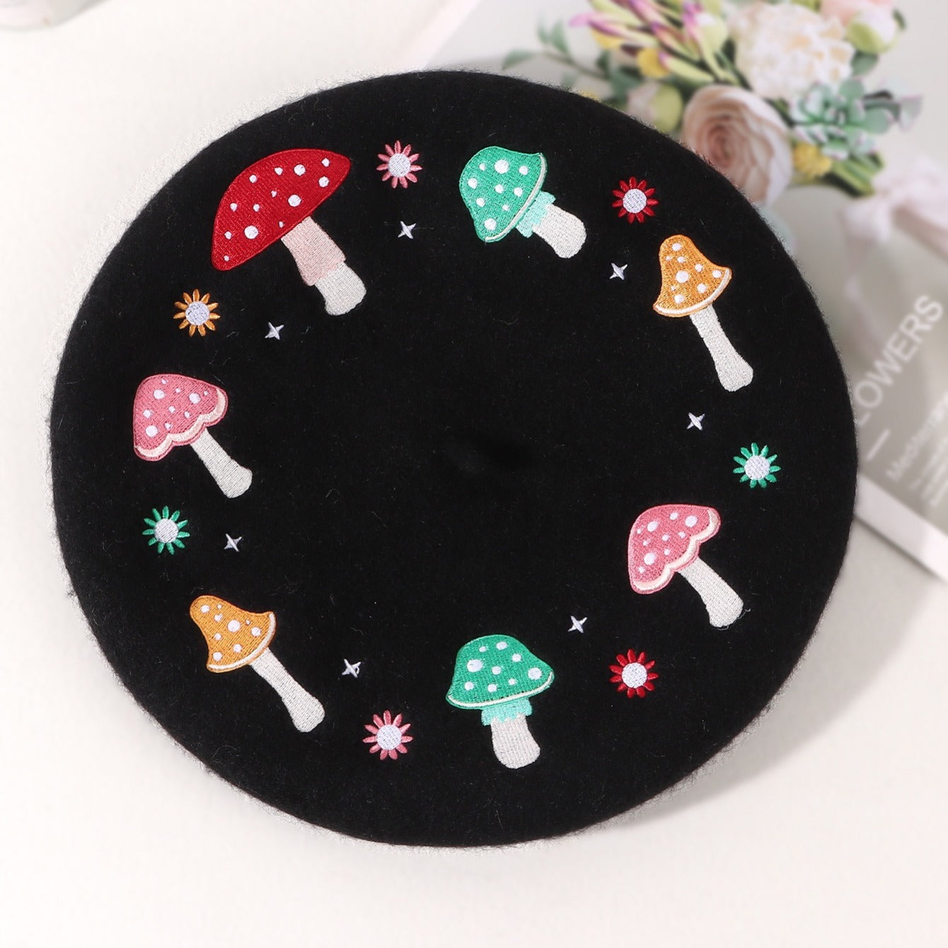 Mushroom Embroidery Wool Beret Art Painter Hat Women's Autumn Winter