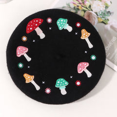 Mushroom Embroidery Wool Beret Art Painter Hat Women's Autumn Winter