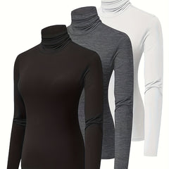 3Pcs High Neck Sporty T Shirt Long Sleeves Solid Sports Tee Women's Activewear