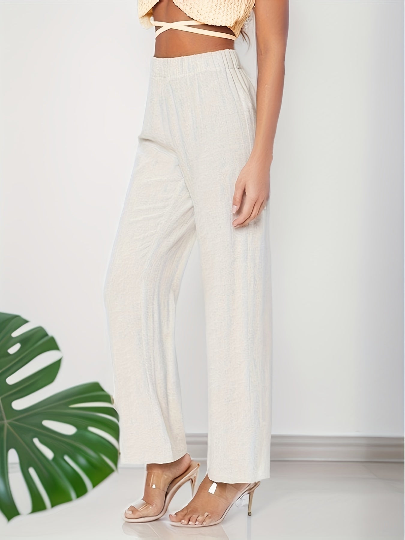 Pleated Straight Leg Pants with Elastic Waist for Women