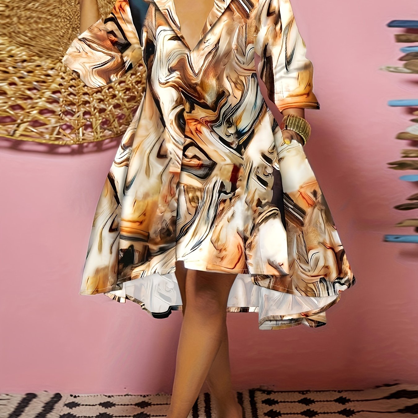 Marble Print Long Sleeve Polo Neck Dress With Pockets