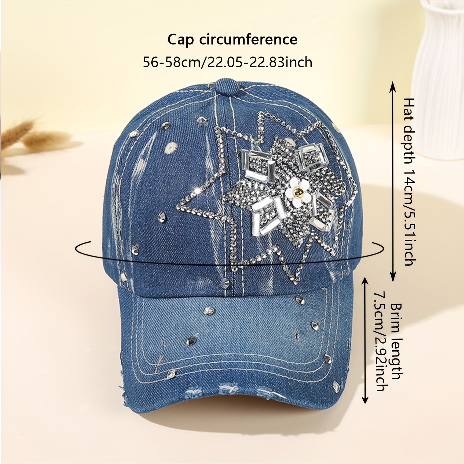 Rhinestone Flower Denim Baseball Cap Sun Hat for Women