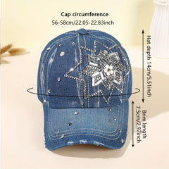 Rhinestone Flower Denim Baseball Cap Sun Hat for Women