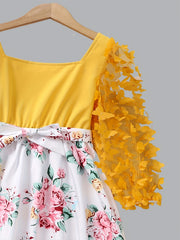 Girls Butterfly Lace Sleeve Floral Princess Dress For Party Vacation