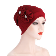 Ladies Pearl Two Flowers Turban Hat Retro Beanie Valentines